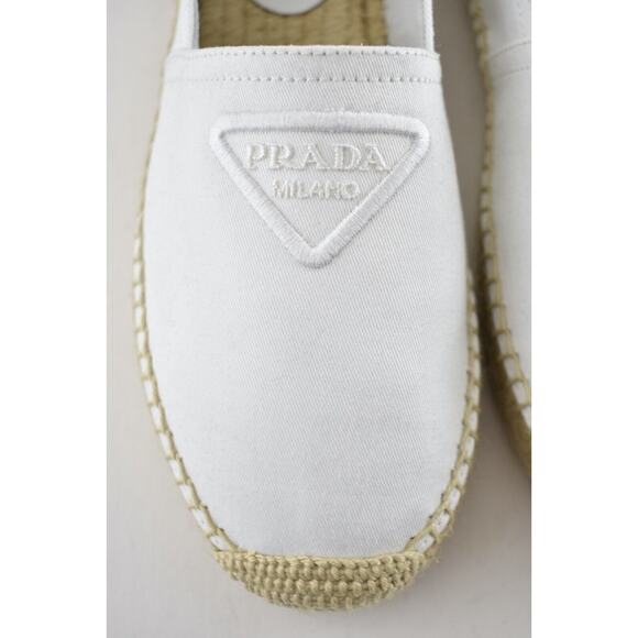 Prada Bianco White Canvas Fabric Triangle Logo Slip On Slide Espadrille Flat 39 - Picture 7 of 12